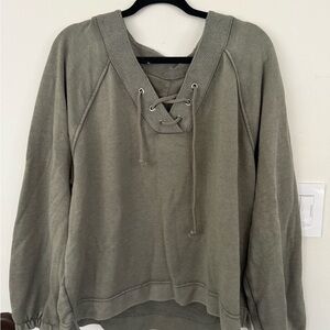 aerie Olive Lace-Up V-Neck Pullover Sweater